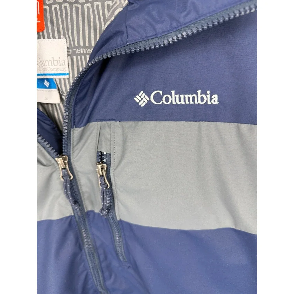 Columbia Thermal Coil Winter Jacket Mens XL Navy Blue Grey Colorblock Hooded